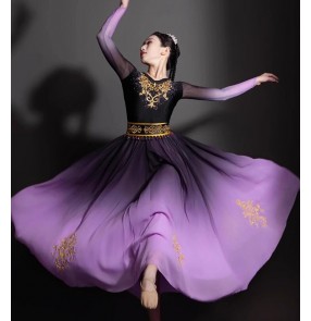 Chinese folk Ethnic minority Xinjiang dance dresses for women girls purple gradient art examination test competition Uyghur minority dance costumes for female